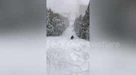 Heavy snow turns stairs on mountain into ski resort in northern China