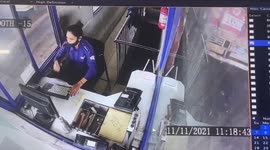 Dramatic moment employee moves out of way seconds before bus ploughs into toll booth