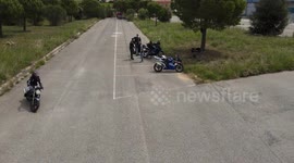 Driving course with cones. Gincana motorcycle in open space at low speed