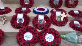 Tributes of red poppy wreaths mount at the Cenotaph on Armistice Day - Whitehall