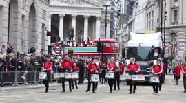 Drummers from DLR Piper take part in the Lord Mayor's Show 2021, marching from Bank of England