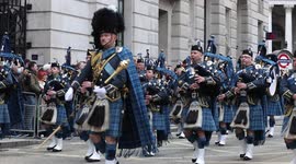 Scottish and British Army forces play music and march at the Lord Mayor's Show 2021.