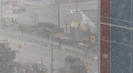 Sudden snow squall blows in and creates zero visibility in the city of Waterloo Ontario Canada this afternoon near the university of Waterloo campus