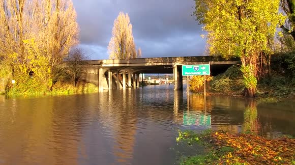 Heavy rain causes flooding in Pacific Northwest Washington State Bellingham road closure
