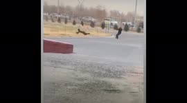 Hurricane blows people off their feet in Taraz, Kazakhstan