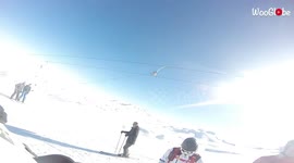 'Guy bumps into and knocks down inexperienced skier while sliding downhill '