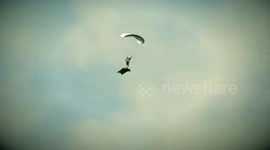 Wingsuit pilot and parachutist perform amazing stunt