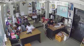 Terrified office girls scream as wild monitor lizard storms into building