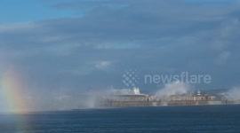 Watch as ferry returns to port at Holyhead Breakwater in massive waves as Storm Arwen strikes Anglesey