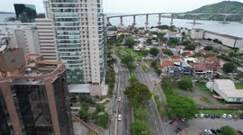 Aerial view of part of the capital Vitória, where the famous bridge can be seen from afar.