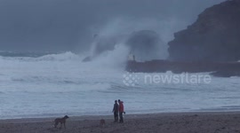 Furious winds over 70mph make it difficult to walk as Storm Arwen smashes into St Ives, Cornwall
