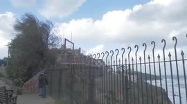 West off England Storm damage in town and Harbour waves at Newquay Cornwall UK 27th November 2021