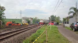 Moment train speeds through flock of ducks crossing track in Indonesia