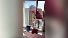 Housekeeper gives Chinese resident a fright after standing outside 9th floor window without safety measures