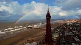 Watch this stunning drone footage from above a rainbow over Blackpool tower in Lancashire