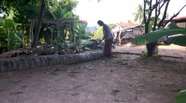 Elderly woman chops tree following storm that hit her village