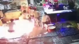 CCTV captures moment leaking gas pipe catches fire and sends workers fleeing in Indonesia