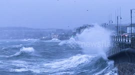 Storm Barra batters seafront in Penzance in Cornwall