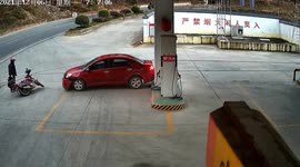 Car smashes into motorcyclist after drifting into petrol station in China