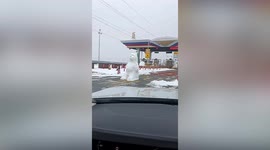 Bear-shaped snow sculpture used as roadblock at toll gate after highway closes in China