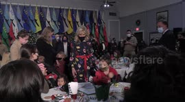 First Lady of the United States Jill Biden delivers remarks and visits families of the USS Delaware crew at a holiday gathering hosted by United Through Reading at the U.S. Submarine Veterans Club in Groton, CT on December 9, 2021