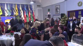 First Lady of the United States Jill Biden delivers remarks and visits families of the USS Delaware crew at a holiday gathering hosted by United Through Reading at the U.S. Submarine Veterans Club in Groton, CT on December 9, 2021
