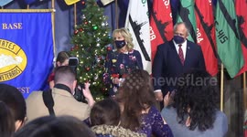 First Lady of the United States Jill Biden delivers remarks to the families of the USS Delaware crew at a holiday gathering hosted by United Through Reading at the U.S. Submarine Veterans Club in Groton, CT on December 9, 2021