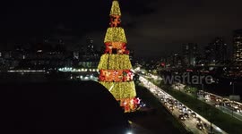 Aerial view of Christmas tree at Marginal Pinheiros in Sao Paulo, Brazil