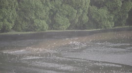 Rain is changing fast to really heavy rain with close up to the drain on parking are
