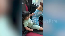 French bully dog sits on toddler’s lap during car ride