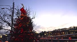 Time lapse from Christmas tree near  bridge over Saugatuck river in downtown  with nice evening lights
