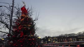 Christmas tree near  bridge over Saugatuck river in downtown  with nice evening lights