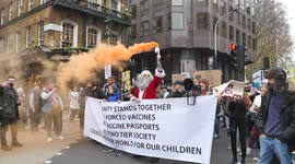 Man Dressed as Santa Leading Anti Vax Protesters Lets out red Smoke