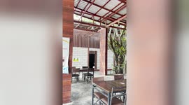 Monkey chills on restaurant roof rafters in Thailand