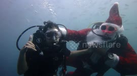 Heartwarming and unusual moment Santa dives into Indian Ocean to gift divers fruits