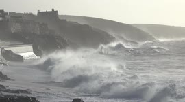 Strong winds and waves batter the coast of Cornwall in UK