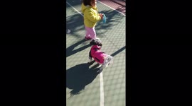 a cute girl playing the dog with her toy' the dog is so energetic