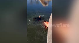 Police dived into icy water to rescue drowning man in China