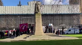 Pro-refugee group of protesters rally against the Nationality and Borders Bill in front of UK Parliament.