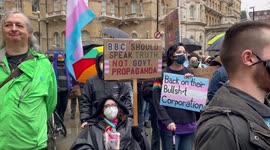 Transgender supporters rally outside BBC office in condemnation of the corporation's queerphobic agenda.