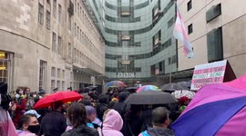 Transgender supporters rally outside BBC office in condemnation of the corporation's queerphobic agenda.