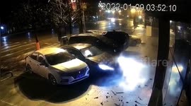 Car dramatically crashes over three vehicles and lands in parking spot in China