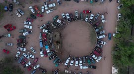 Aerial view decredondel or area rodeo or jaripeo durnate the afternoon of sabaso of glory of Holy Week 2019. Rodeo riders ride bulls in a cmpeticion in Cuquiarachic, Sonora, Mexico. The community of Cuquiarachic, was founded in 1934. It is a small town lo