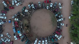 Aerial view decredondel or area rodeo or jaripeo durnate the afternoon of sabaso of glory of Holy Week 2019. Rodeo riders ride bulls in a cmpeticion in Cuquiarachic, Sonora, Mexico. The community of Cuquiarachic, was founded in 1934. It is a small town lo