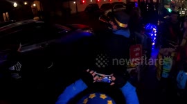 Steve Bray Sodem gets around amplified music laws with a brass megaphone at the Kill The Bill protest outside The House of Lords