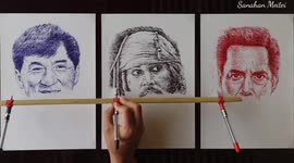 Indian boy showcases unique art, making three portraits simultaneously with one hand