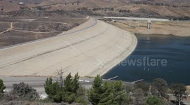 California extreme drought low water (Castaic Lake, pan right from dam) V18965