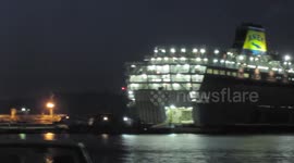 Kos, Greece : The first refugee ship at night before departure