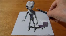 Drawing 3D Alien, Trick Art