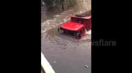 Truck crosses the bridge after flood